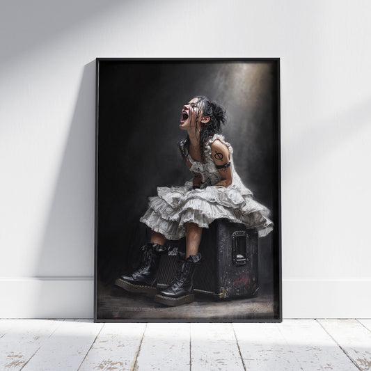 Dark feminine emotional art print featuring punk rebel girl in white tulle dress with combat boots screaming on vintage trunk