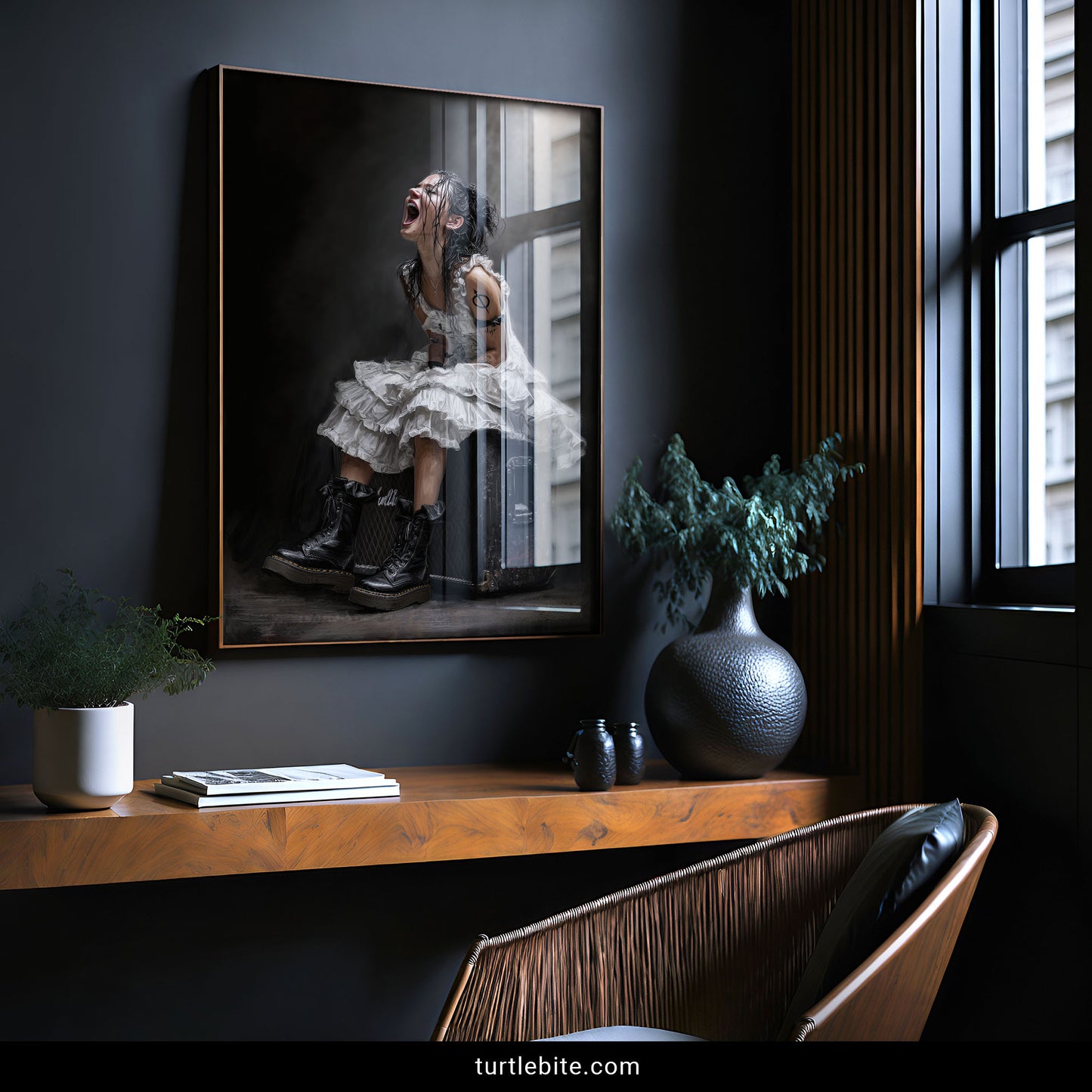 Alternative dark feminine art print of rebel ballerina expressing raw emotion in gothic grunge aesthetic for bedroom decor