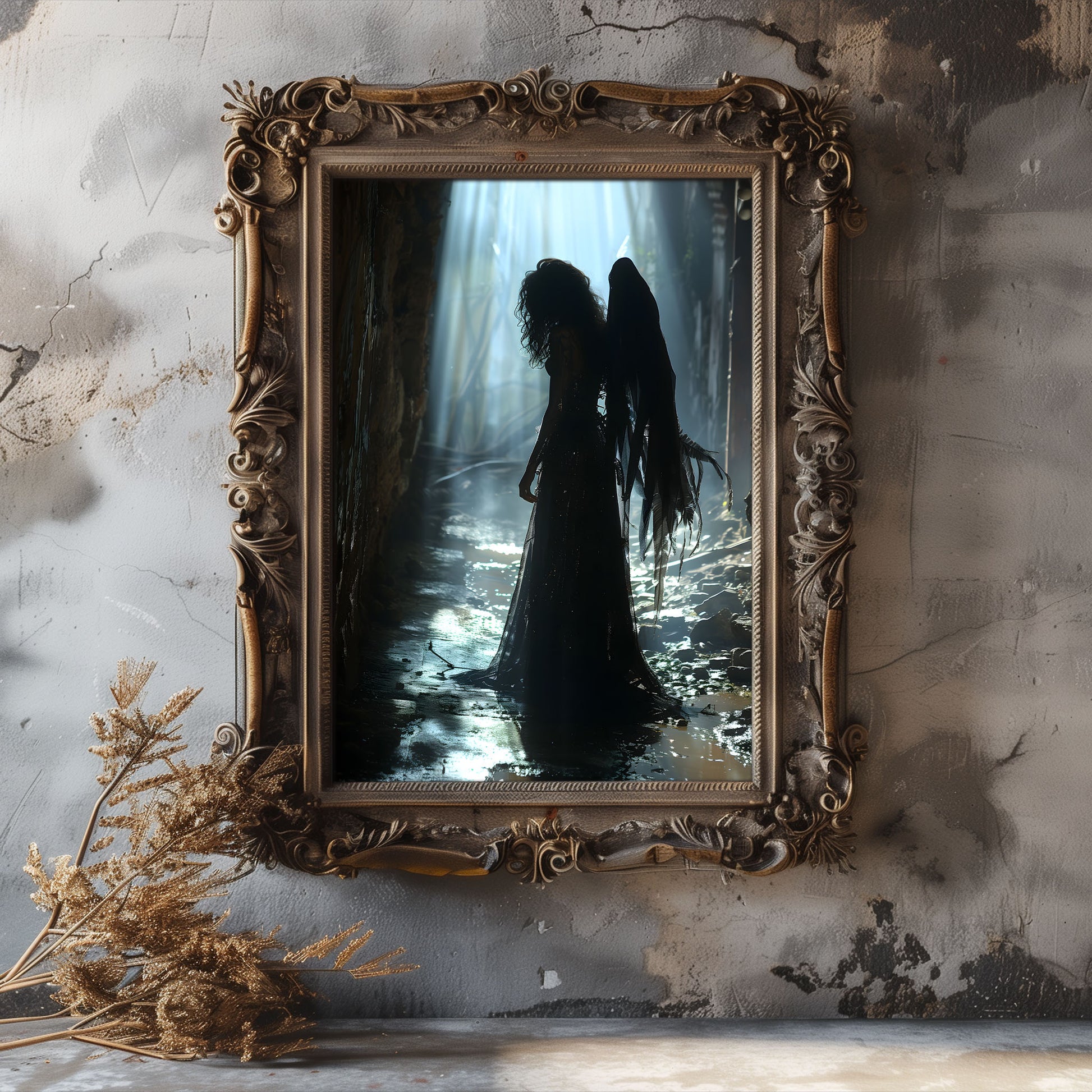 A gothic fallen angel with tattered wings stands in a shadowy, muddy forest alley lit by beams of ethereal light, evoking mystery, loss, and dark beauty.