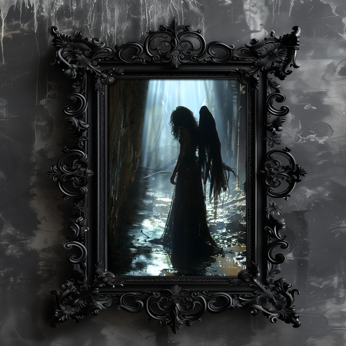 A gothic fallen angel with tattered wings stands in a shadowy, muddy forest alley lit by beams of ethereal light, evoking mystery, loss, and dark beauty.