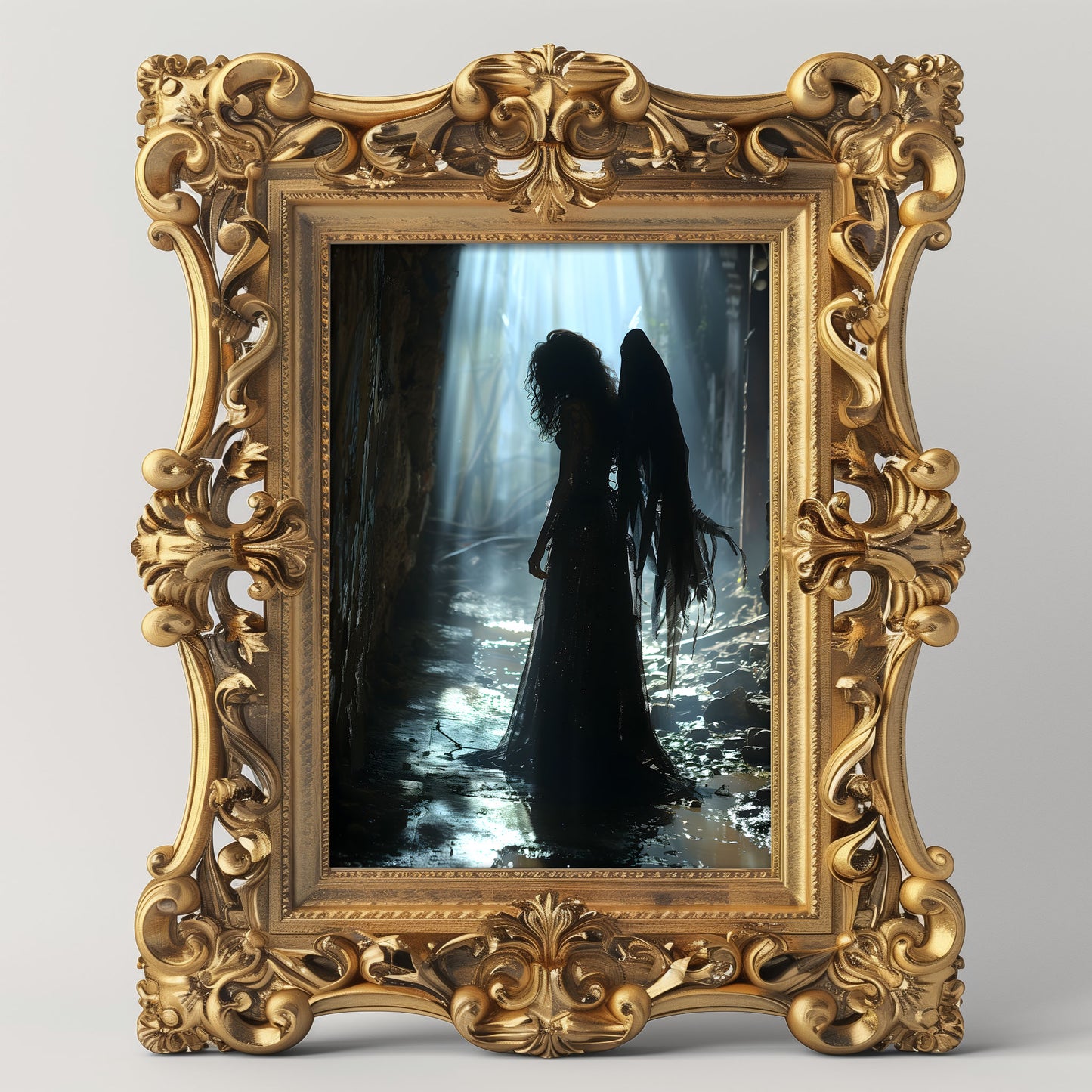 A gothic fallen angel with tattered wings stands in a shadowy, muddy forest alley lit by beams of ethereal light, evoking mystery, loss, and dark beauty.