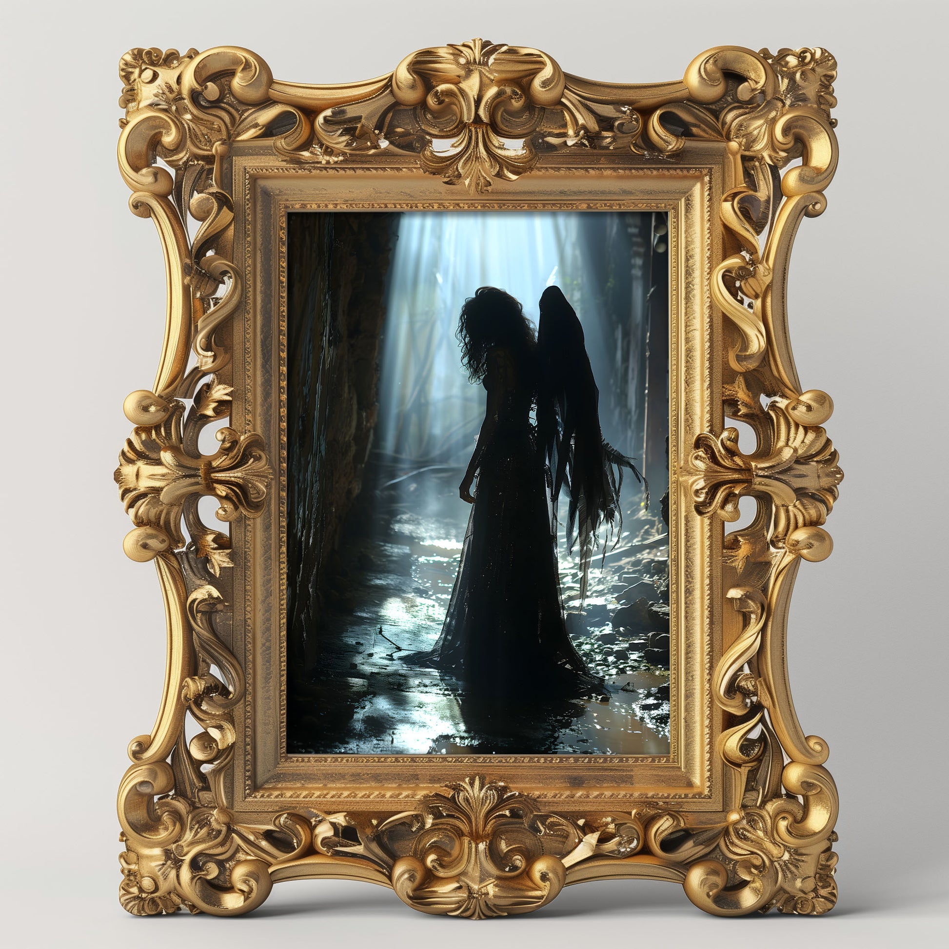 A gothic fallen angel with tattered wings stands in a shadowy, muddy forest alley lit by beams of ethereal light, evoking mystery, loss, and dark beauty.