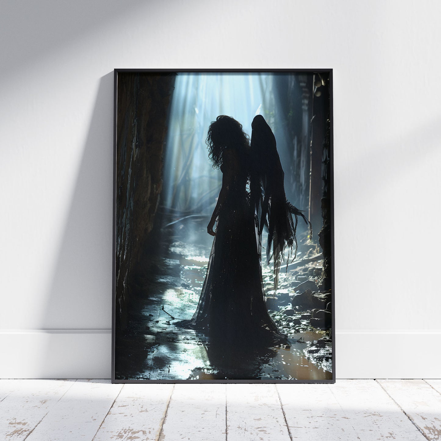 A gothic fallen angel with tattered wings stands in a shadowy, muddy forest alley lit by beams of ethereal light, evoking mystery, loss, and dark beauty.