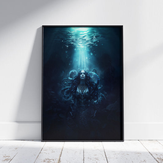 Dark mermaid with tentacles underwater in gothic blue lighting
