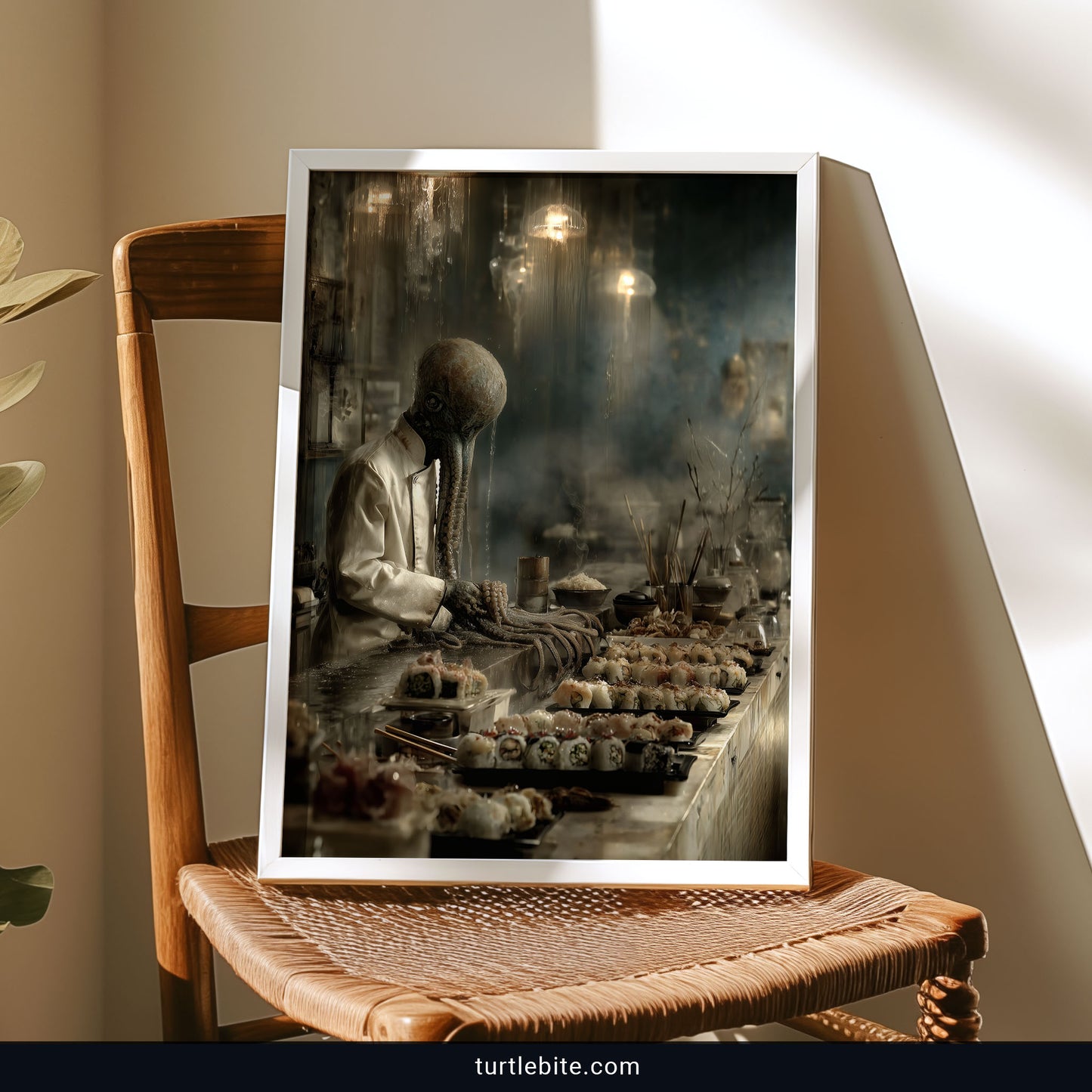 Surreal dark fantasy artwork showing eldritch being as professional sushi chef in haunting ambiance