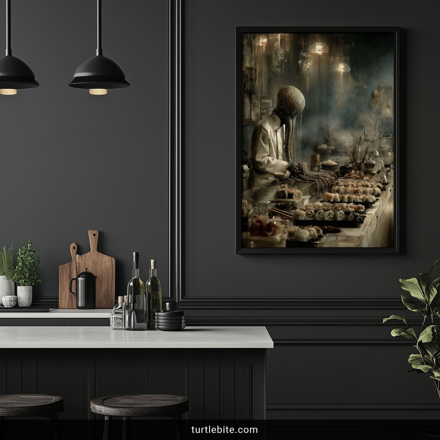 Lovecraftian horror chef with octopus head crafting Japanese cuisine in elegant decaying restaurant