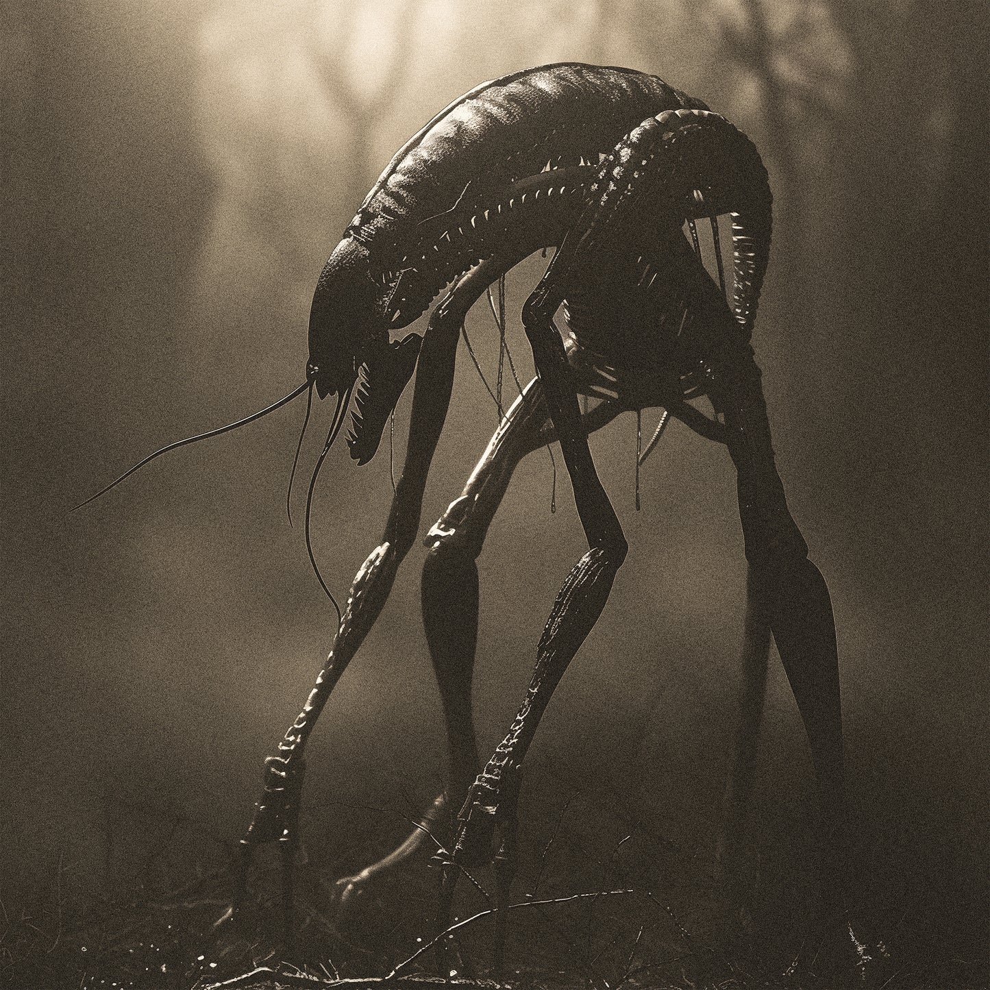 Creepy Insect Creature in Misty Forest Poster, Horror Wall Art, Vintage Poster