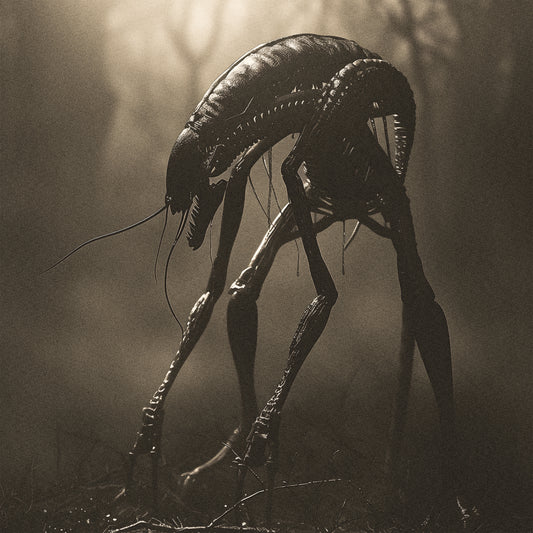 Creepy Insect Creature in Misty Forest Poster, Horror Wall Art, Vintage Poster
