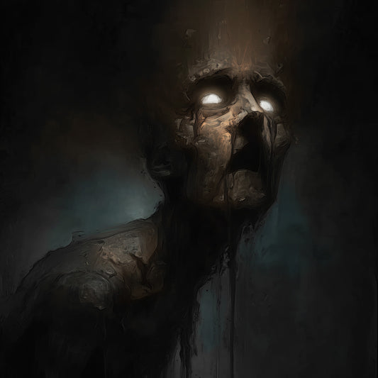 Horror poster featuring decayed figure with glowing eyes tilted back in disbelief against dark atmospheric background