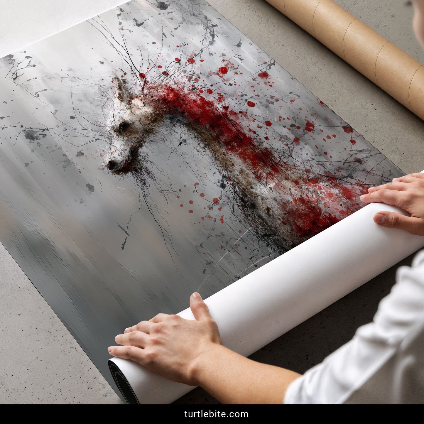 Dark abstract dragon print with violent red accents, bizarre creature art for gothic decor