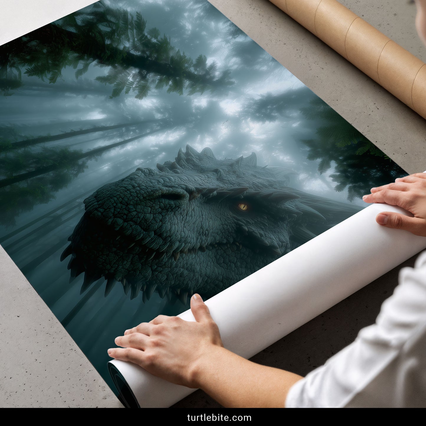 Dragon in Misty Forest Print, Dark Fantasy Art Poster
