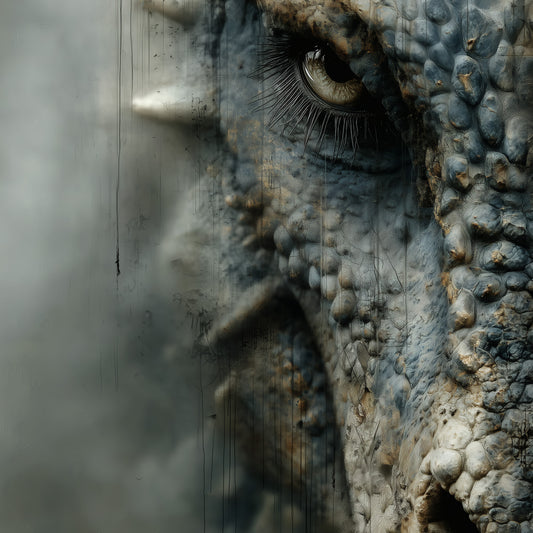 Dragon art print showing detailed reptilian scales and piercing eye in blue-grey tones for gothic wall decor