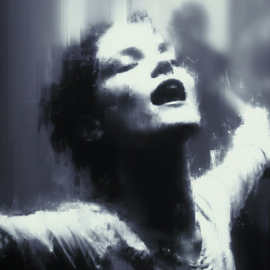 Surreal art print featuring haunting woman dancing in rain with distorted movie star aesthetic and dark gothic horror atmosphere