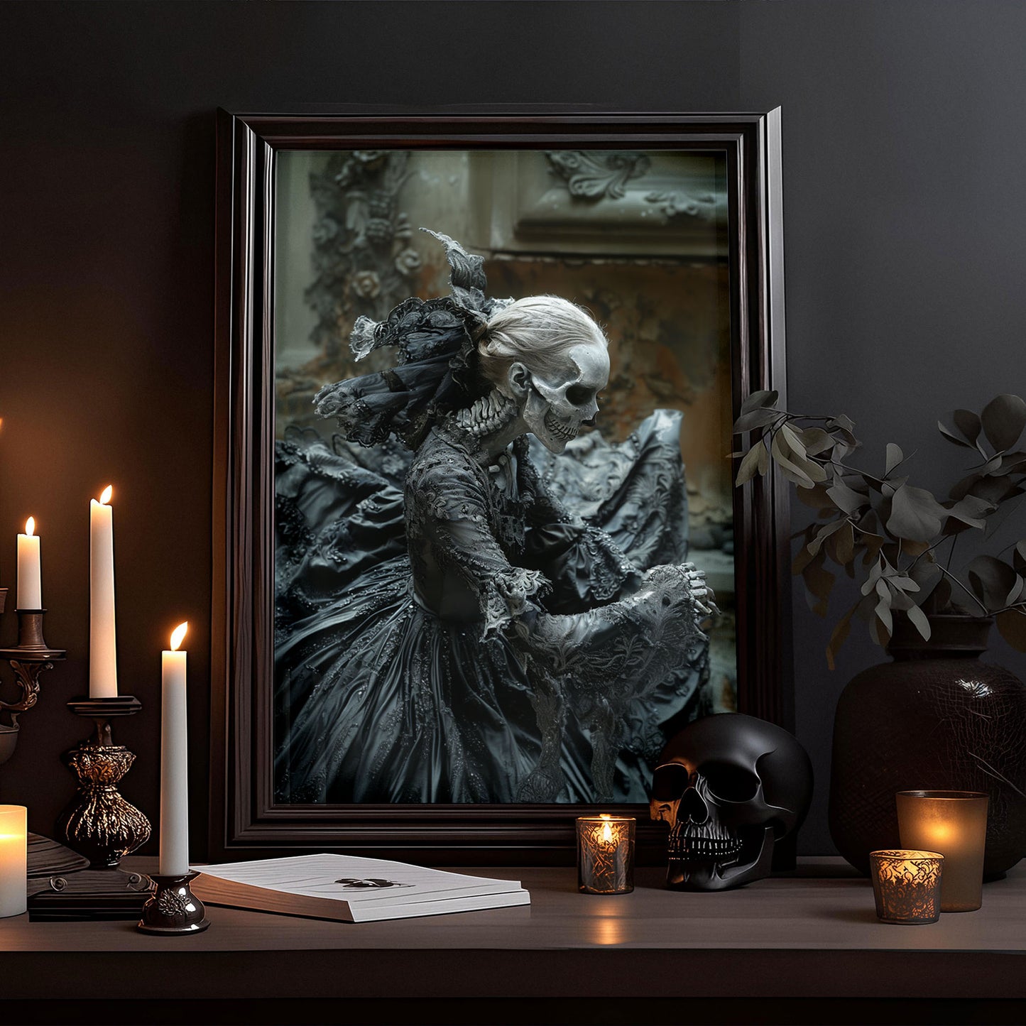 Eerie Gothic Skeletal Beauty Wall Art - Macabre Poster