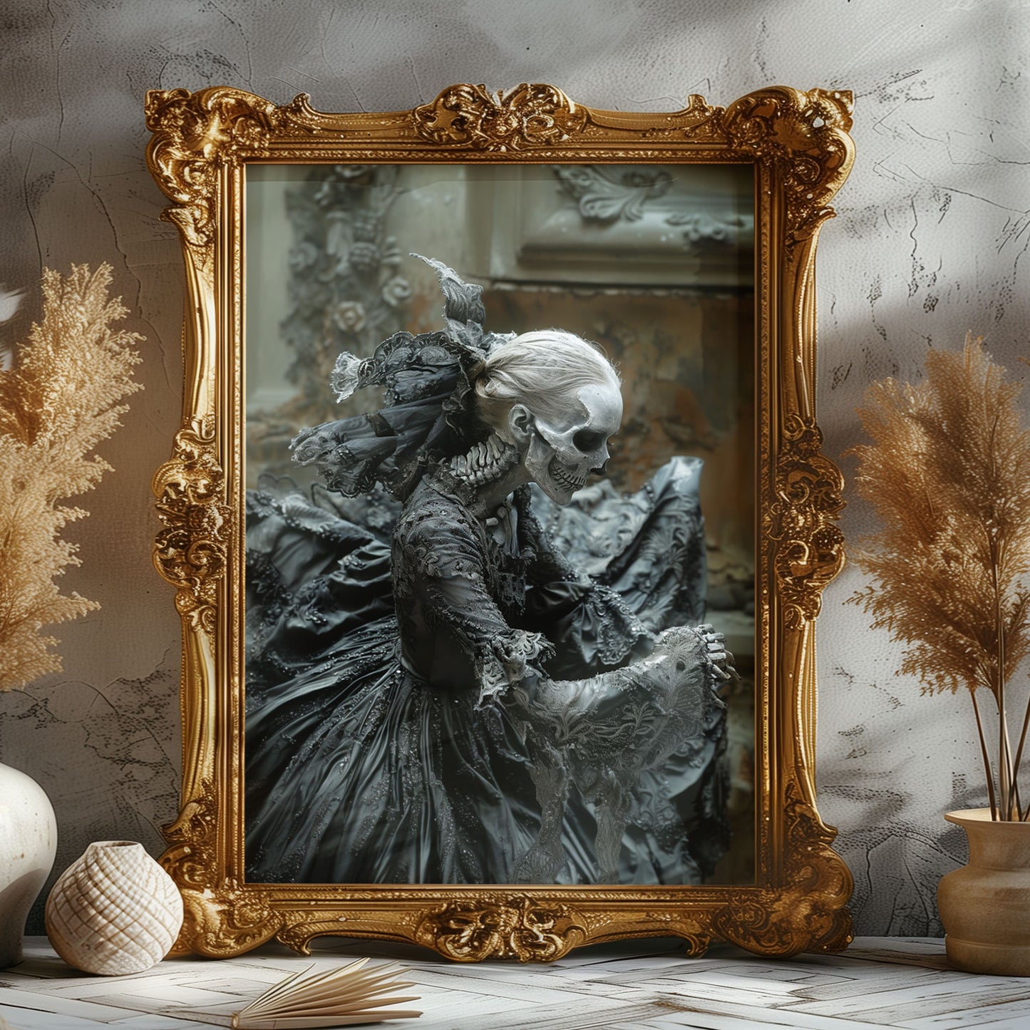 Eerie Gothic Skeletal Beauty Wall Art - Macabre Poster