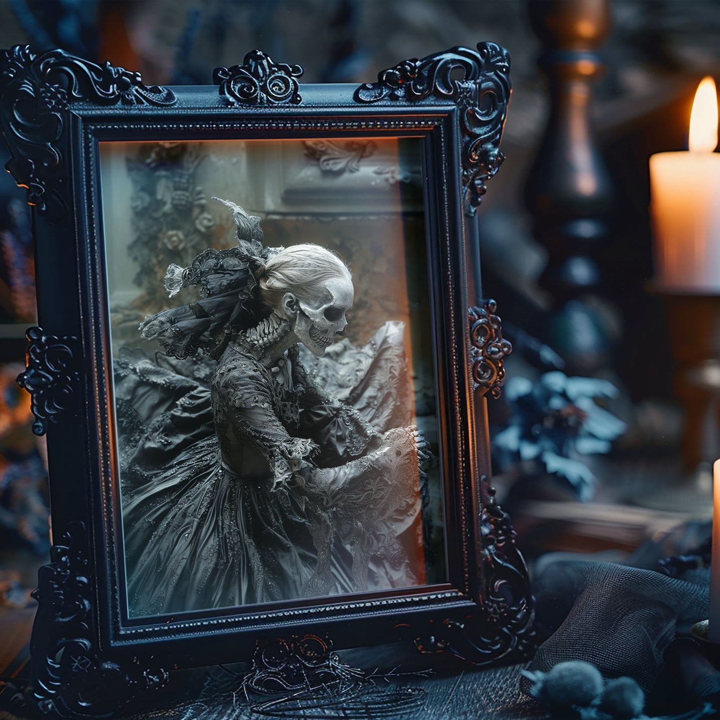 Eerie Gothic Skeletal Beauty Wall Art - Macabre Poster