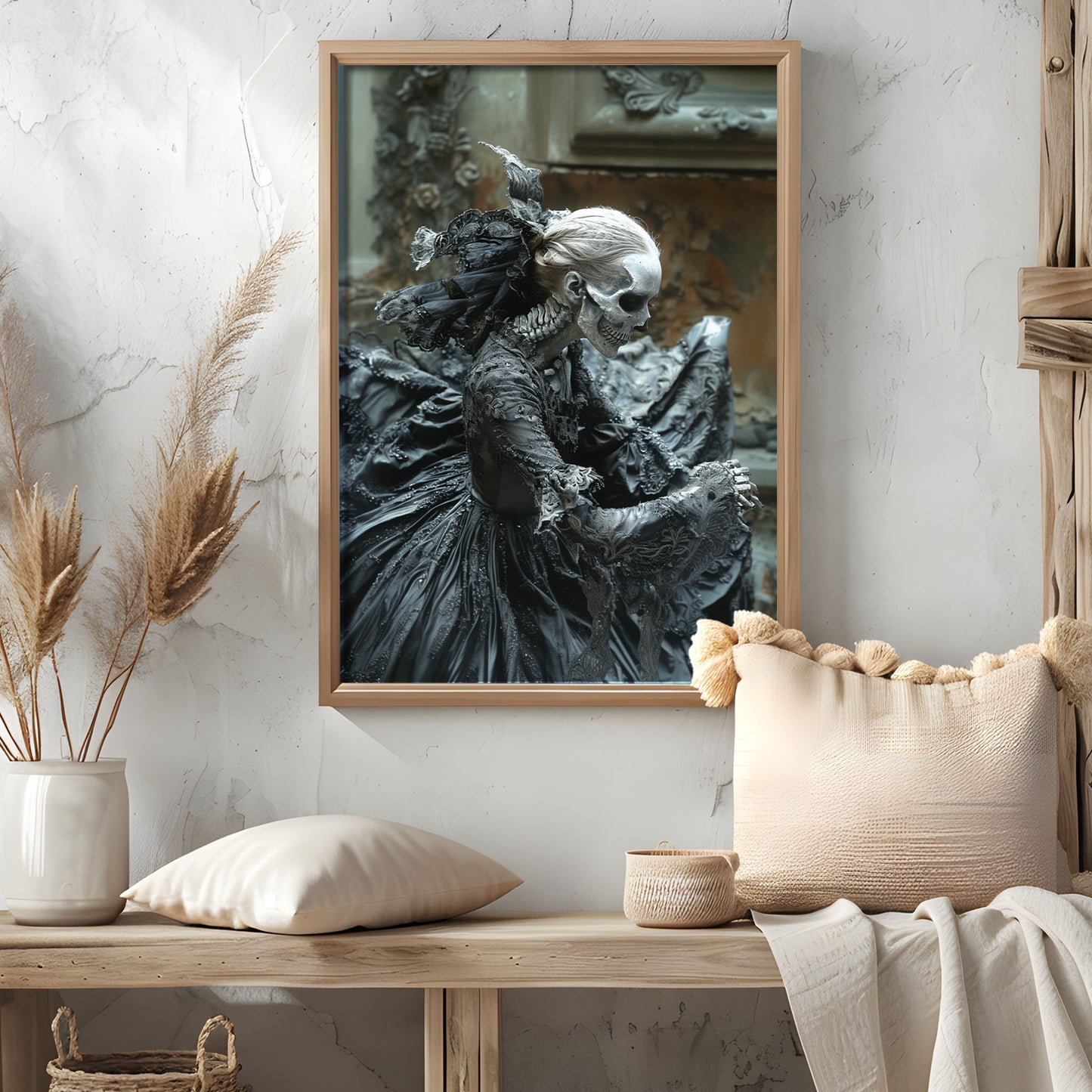Eerie Gothic Skeletal Beauty Wall Art - Macabre Poster