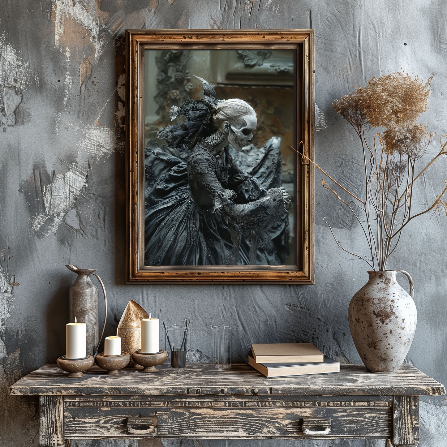 Eerie Gothic Skeletal Beauty Wall Art - Macabre Poster