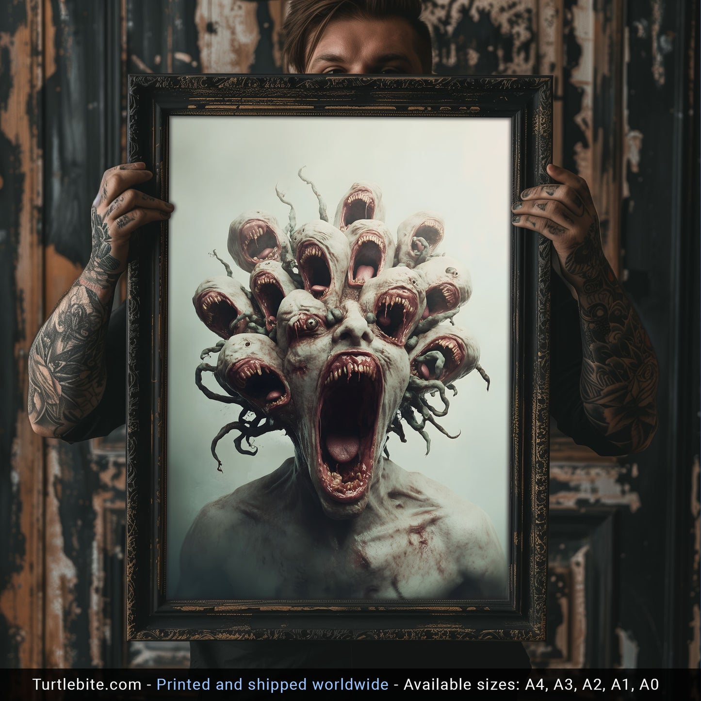 A digital horror artwork depicting a humanoid creature with multiple screaming mouths erupting from its head, surrounded by twisted root-like tendrils in a foggy void.