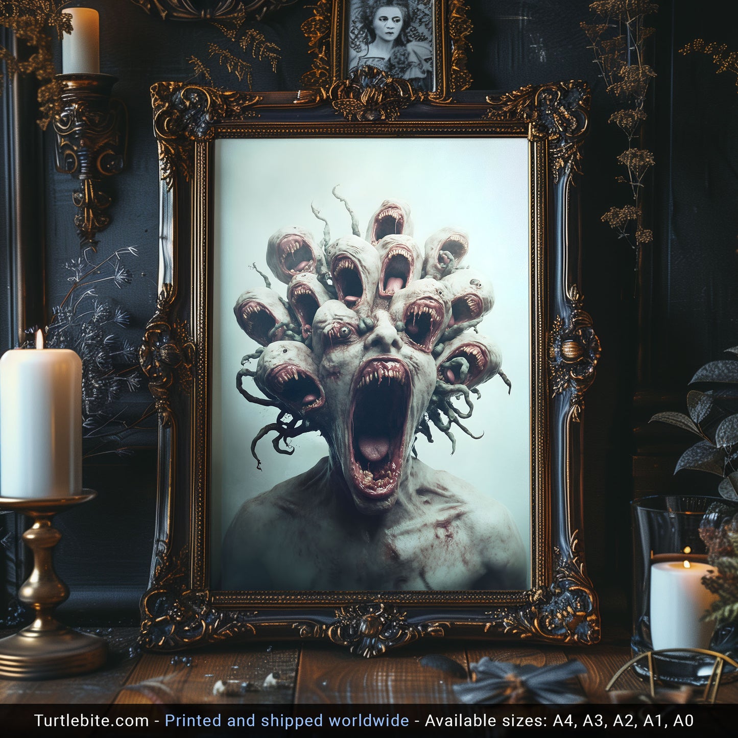 A digital horror artwork depicting a humanoid creature with multiple screaming mouths erupting from its head, surrounded by twisted root-like tendrils in a foggy void.