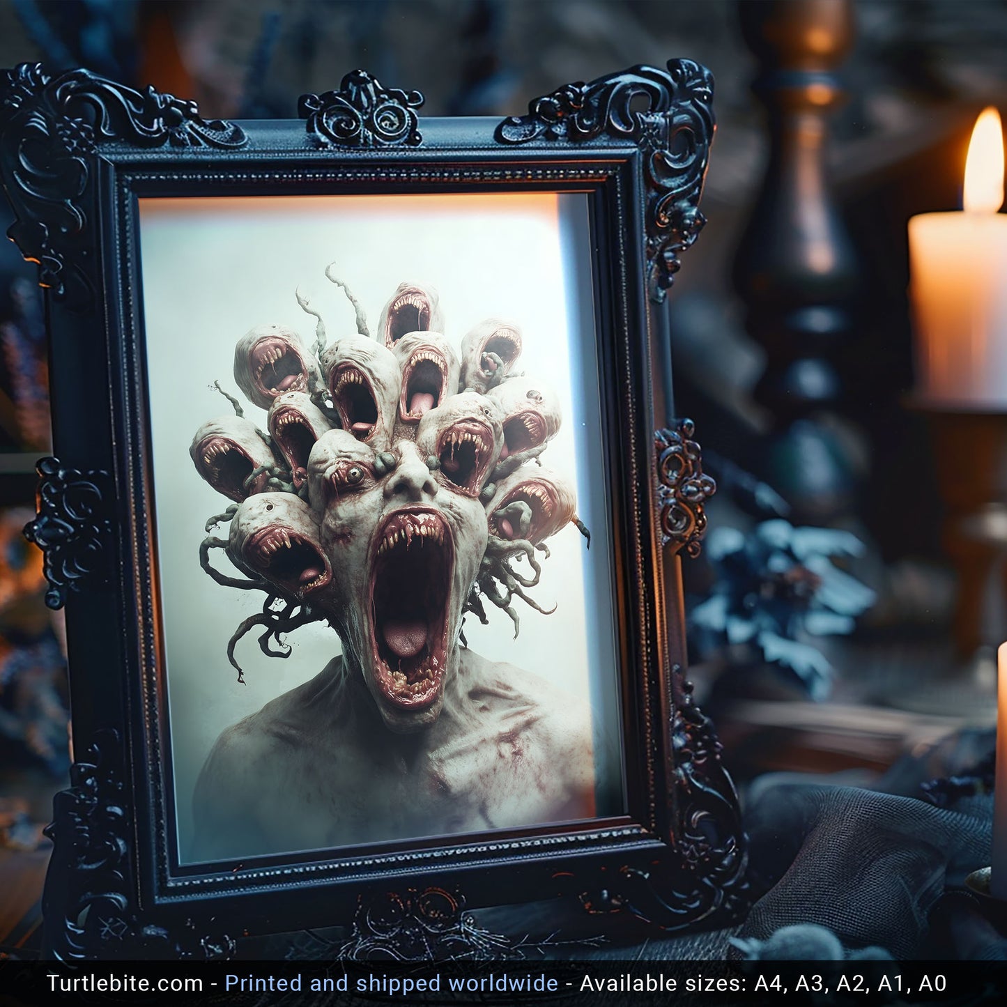 A digital horror artwork depicting a humanoid creature with multiple screaming mouths erupting from its head, surrounded by twisted root-like tendrils in a foggy void.
