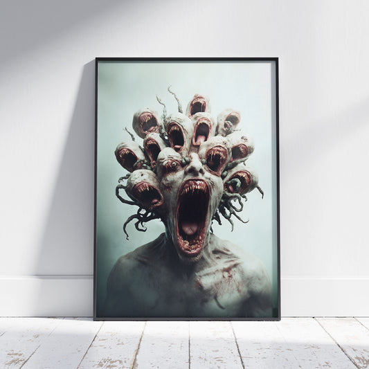 A digital horror artwork depicting a humanoid creature with multiple screaming mouths erupting from its head, surrounded by twisted root-like tendrils in a foggy void.