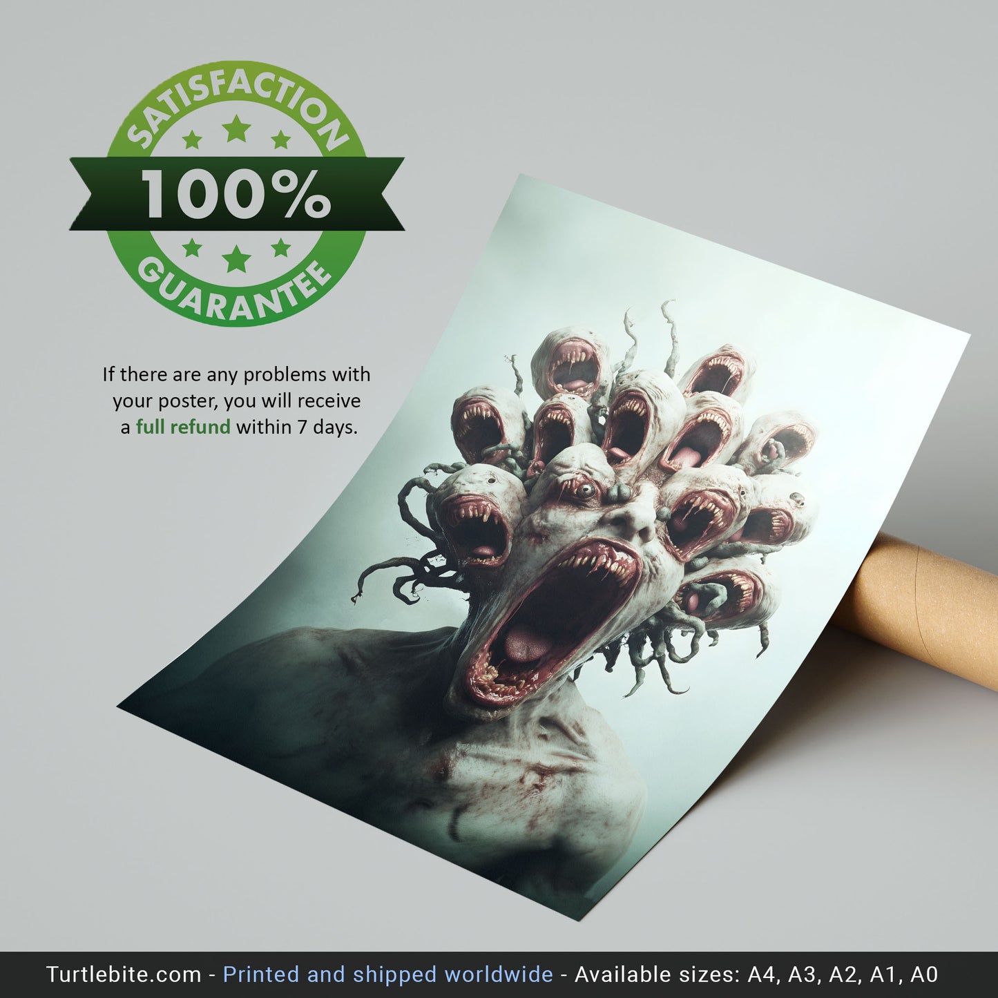 Fierce Multi-Headed Monster Print - Creepy Dark Art Poster - Extra Large Surreal Gory Wall Art