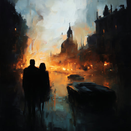 Apocalyptic art print showing two silhouettes watching burning city with cathedral and futuristic cars engulfed in flames