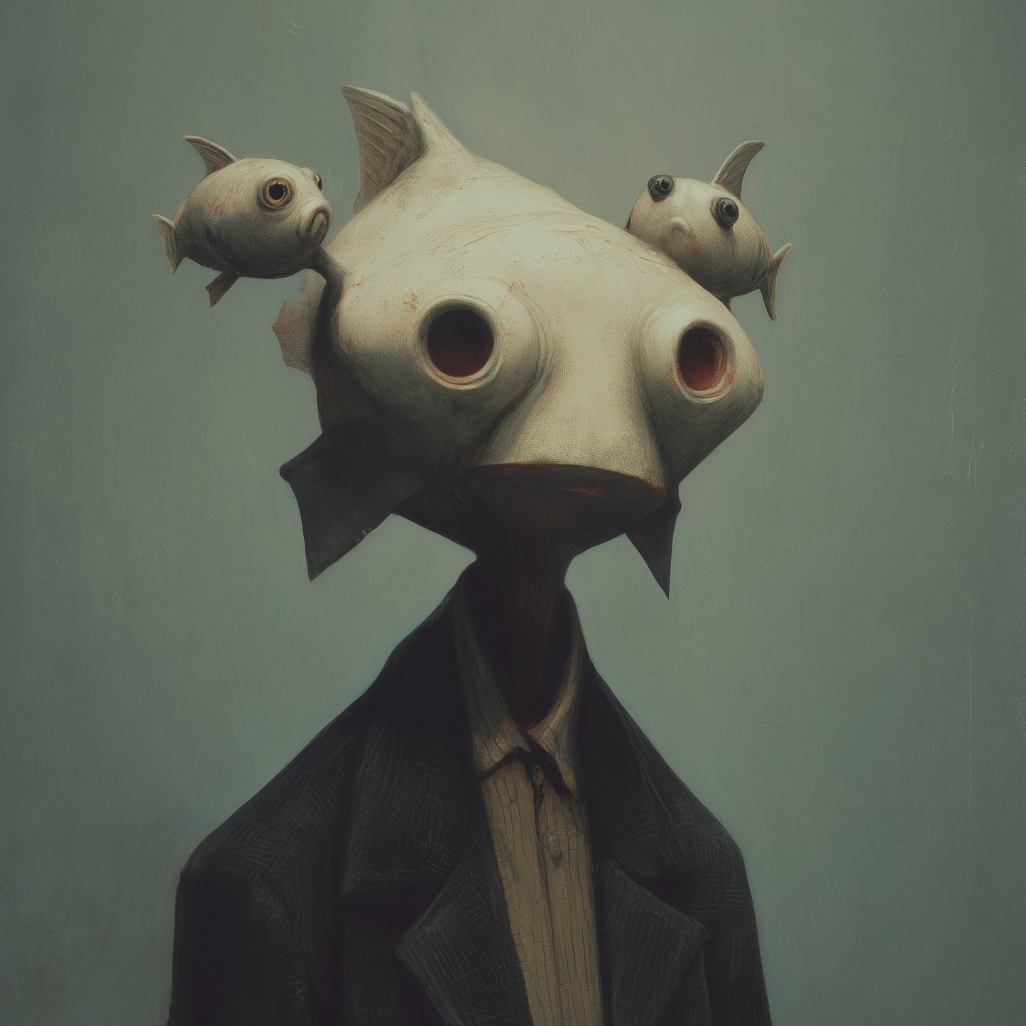 Dark gothic wall art poster showing whimsical portrait of anthropomorphic fish gentleman