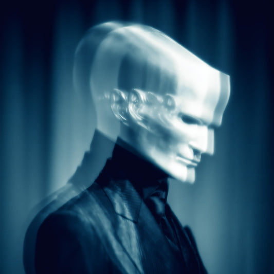 Ghost art print of a blurred luminous figure in a dark suit, blue-toned surreal horror wall art