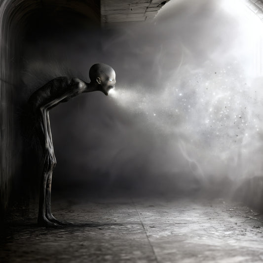 Creepy creature art poster of a gaunt gray figure exhaling light in an abandoned hallway