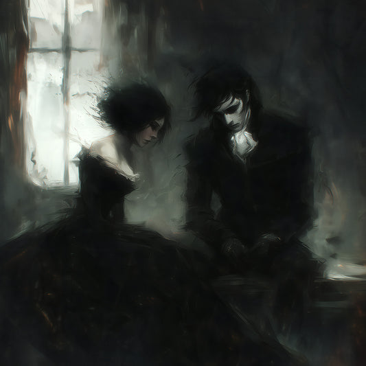 Gothic couple sitting together in dark atmospheric room with window light creating moody romantic painting