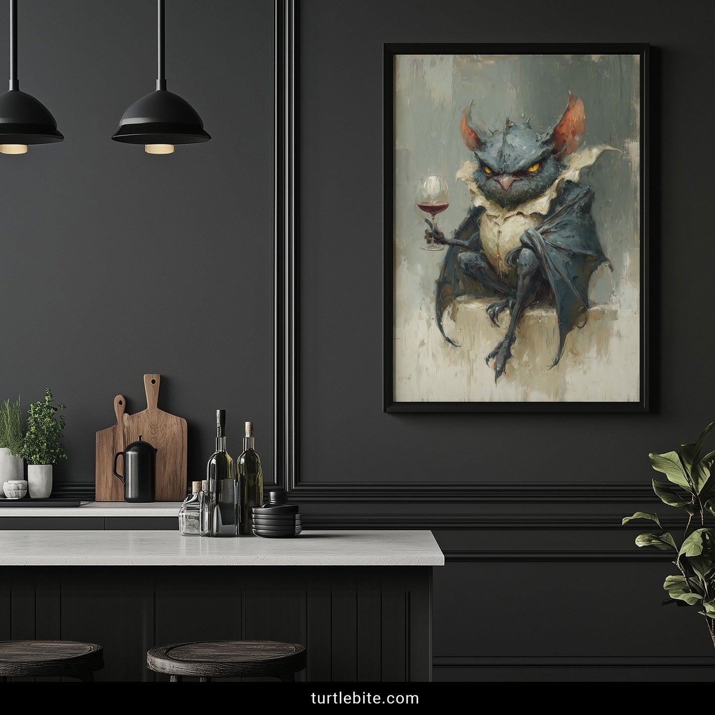 Surreal animal art poster showing grumpy feathered bat hybrid holding red wine in painterly style