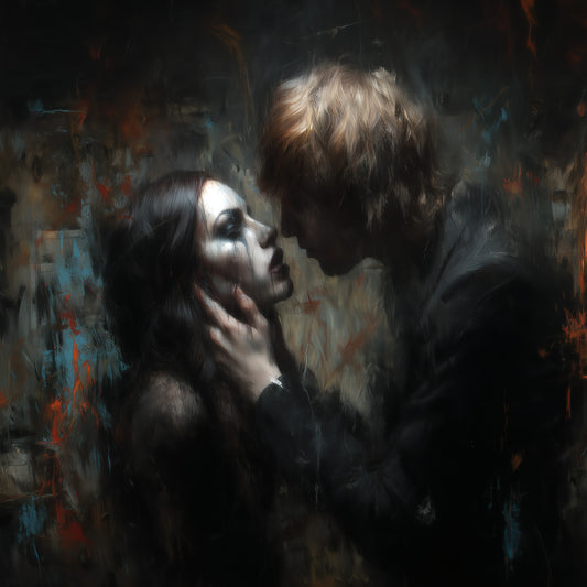 Gothic art print featuring dark romance couple kissing in abandoned church with orange glowing window