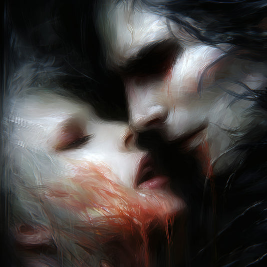 Gothic vampire art print showing intimate blood feeding scene with dark romantic aesthetic