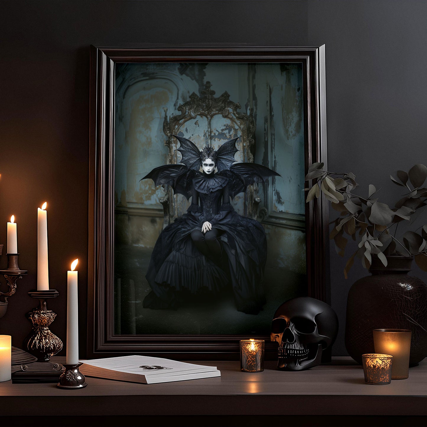 Dark Gothic Woman in Black Bat Dress - Wall Art
