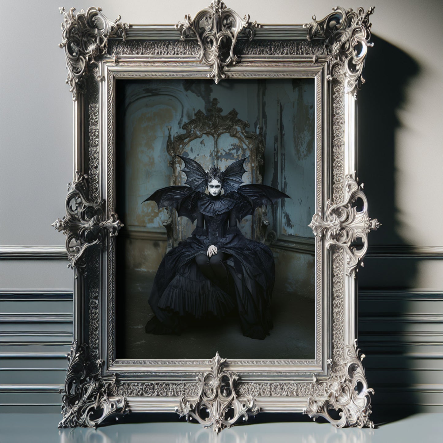 Gothic woman in dark fantasy costume with bat wings sitting on a throne in a decayed, vintage room