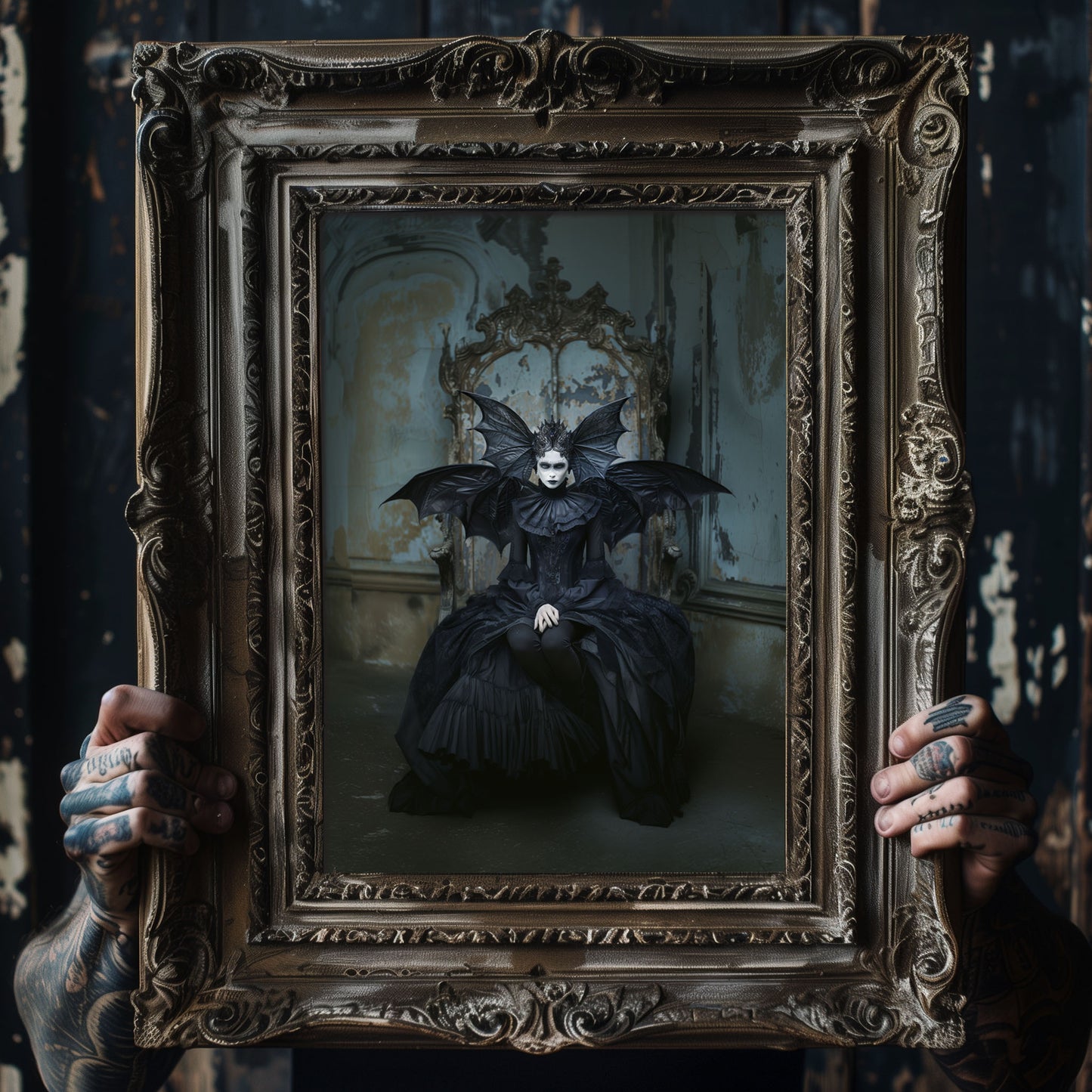 Dark Gothic Woman in Black Bat Dress - Wall Art