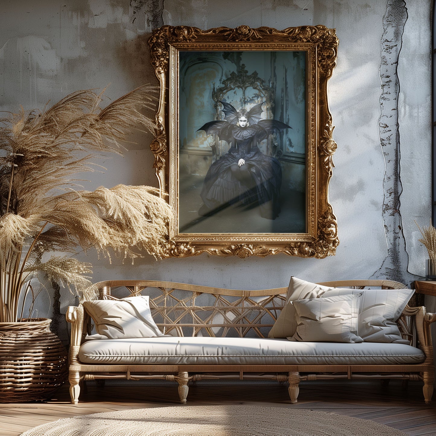 Dark Gothic Woman in Black Bat Dress - Wall Art
