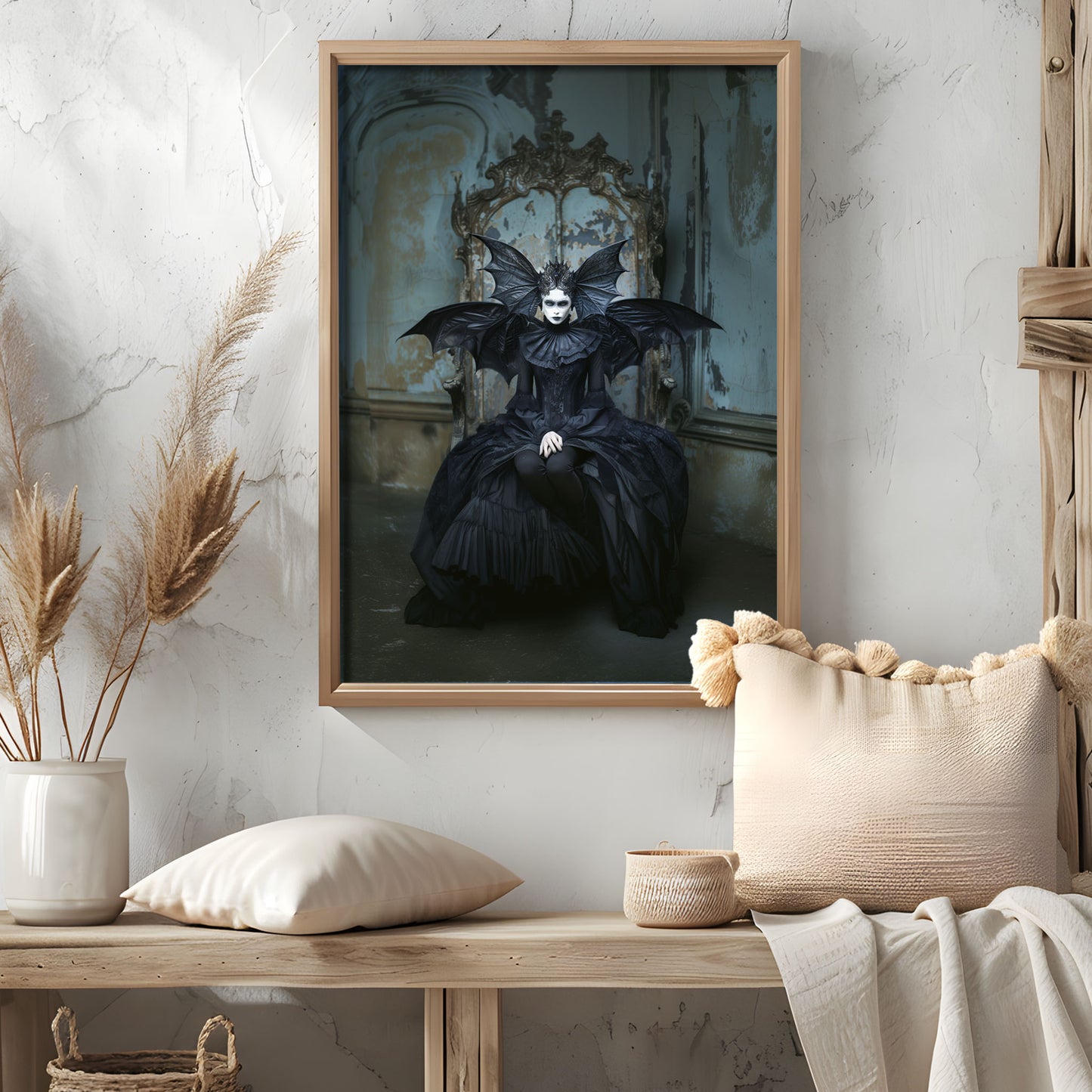 Gothic woman in dark fantasy costume with bat wings sitting on a throne in a decayed, vintage room