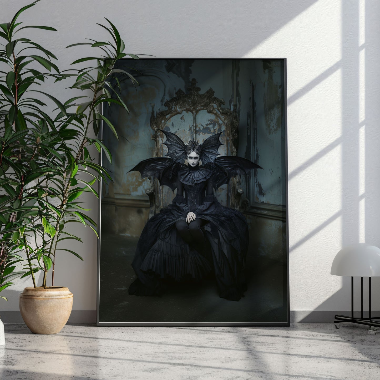 Gothic woman in dark fantasy costume with bat wings sitting on a throne in a decayed, vintage room