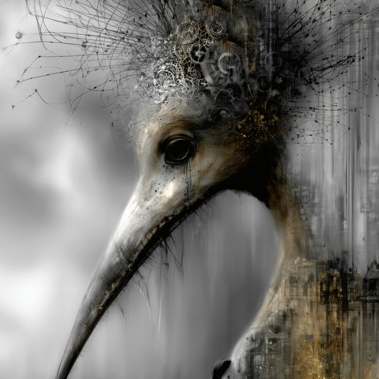 Gothic bird art print with long beak, mechanical crown, and dark surreal background