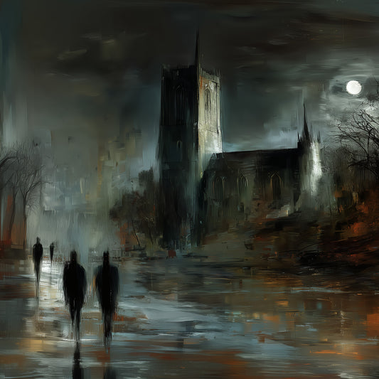 Gothic cathedral painting with full moon and silhouetted figures in moody atmospheric street scene