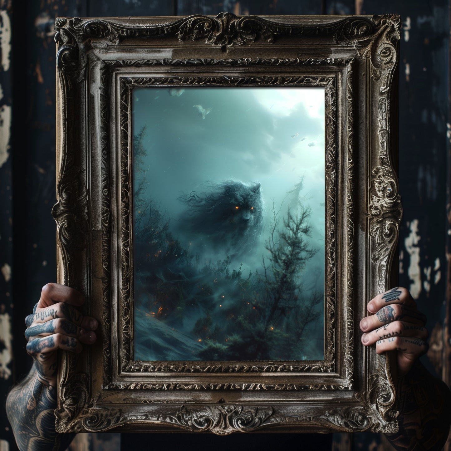 Mysterious Ghostly Bear in Misty Forest - Creepy Gothic Wall Art