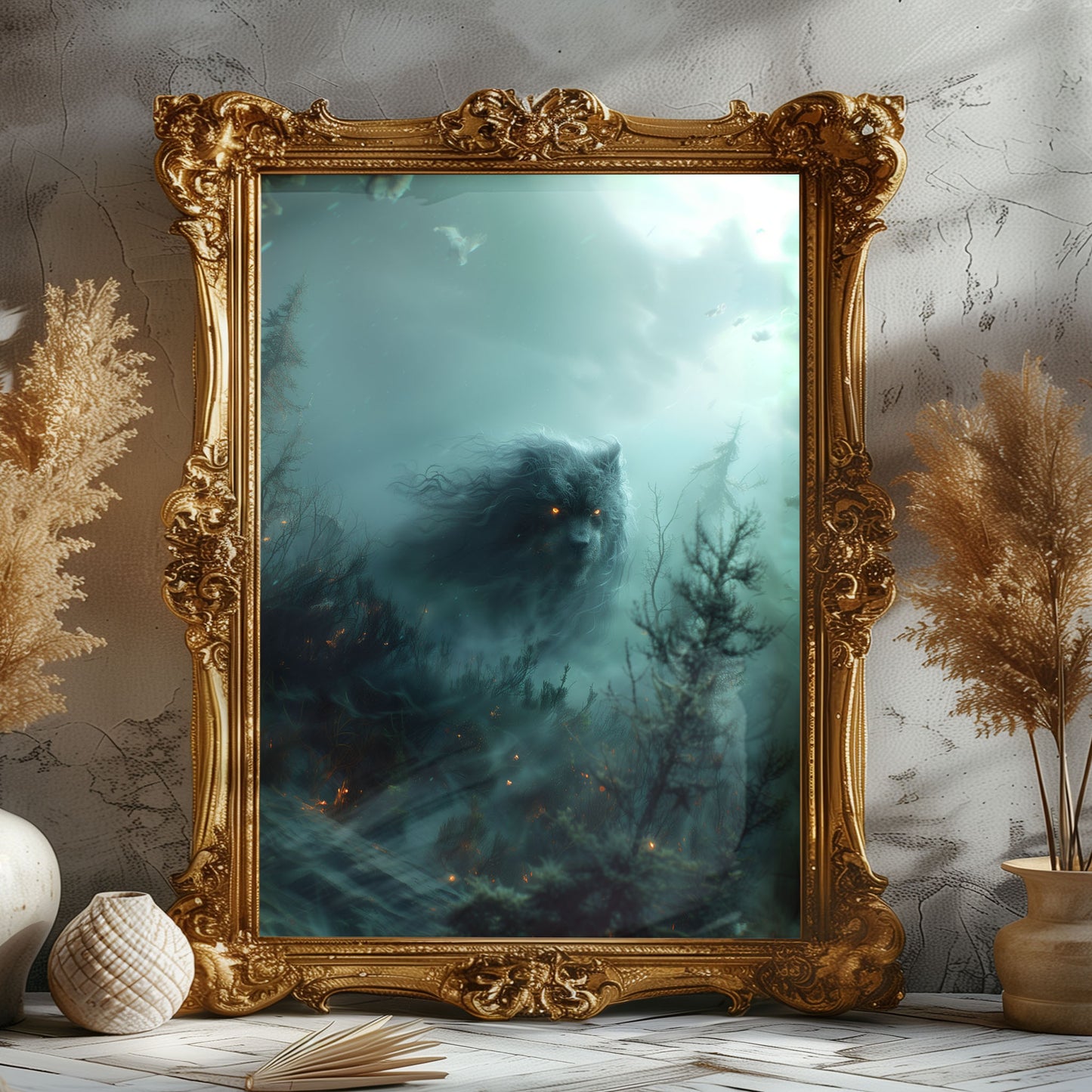 Mysterious Ghostly Bear in Misty Forest - Creepy Gothic Wall Art