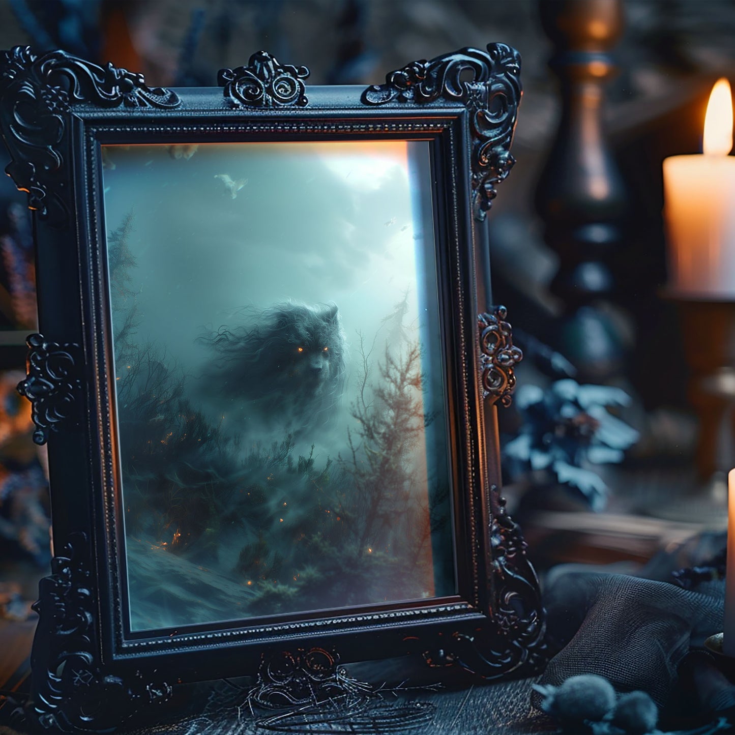 Mysterious Ghostly Bear in Misty Forest - Creepy Gothic Wall Art