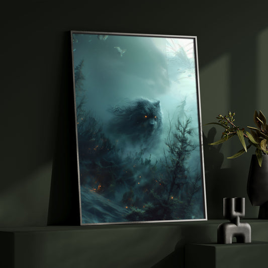 Mysterious Ghostly Bear in Misty Forest - Creepy Gothic Wall Art