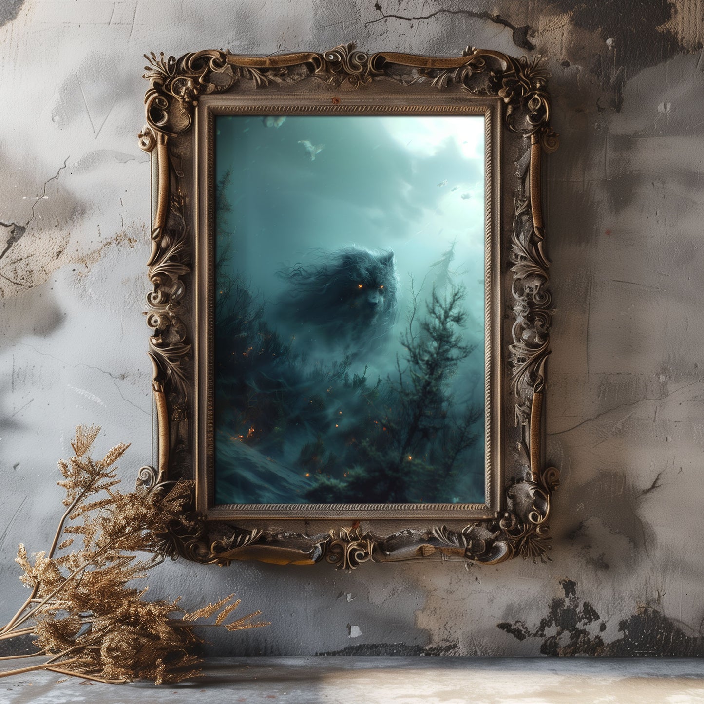 Mysterious Ghostly Bear in Misty Forest - Creepy Gothic Wall Art