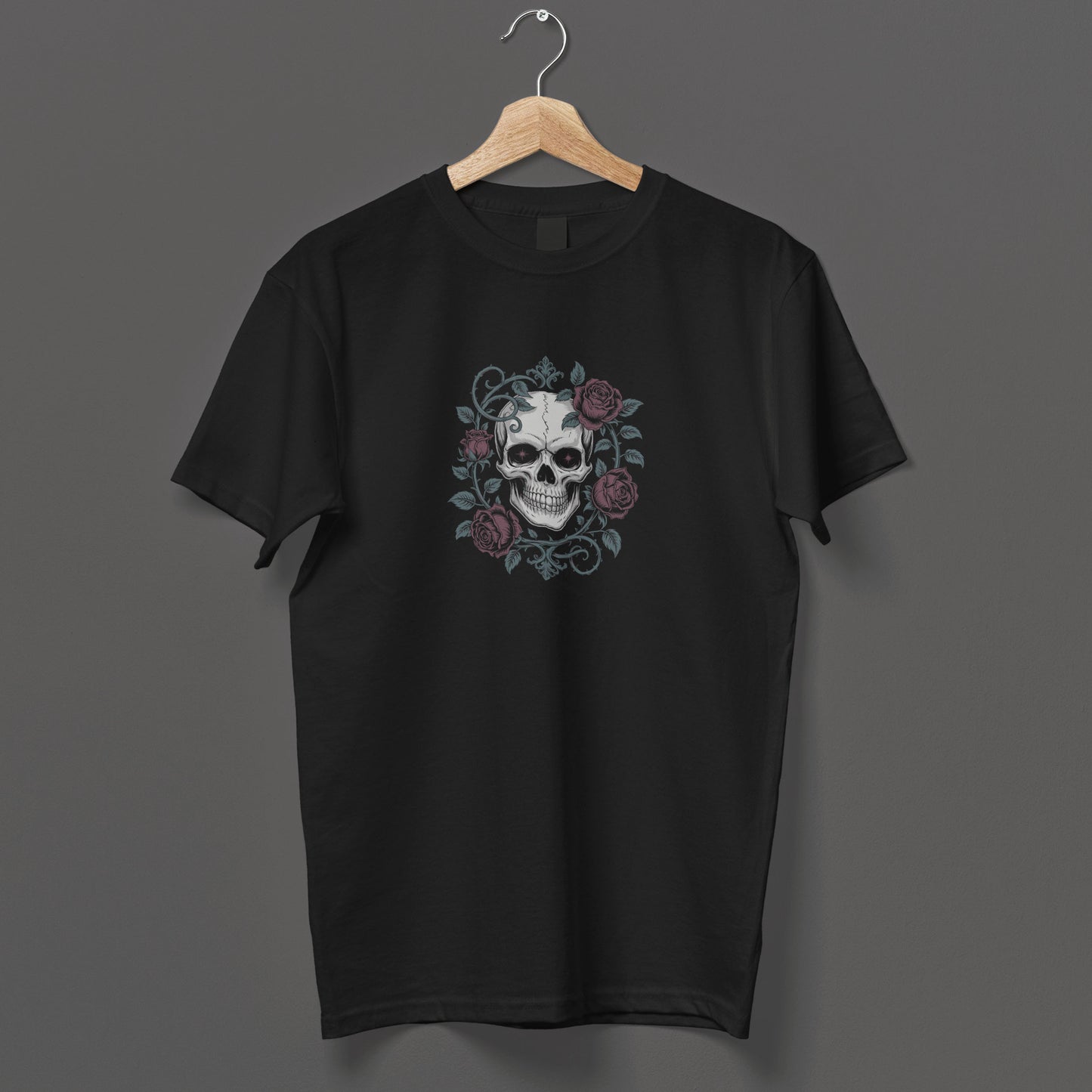 Dark art skull t-shirt with romantic gothic roses and elegant flourishes