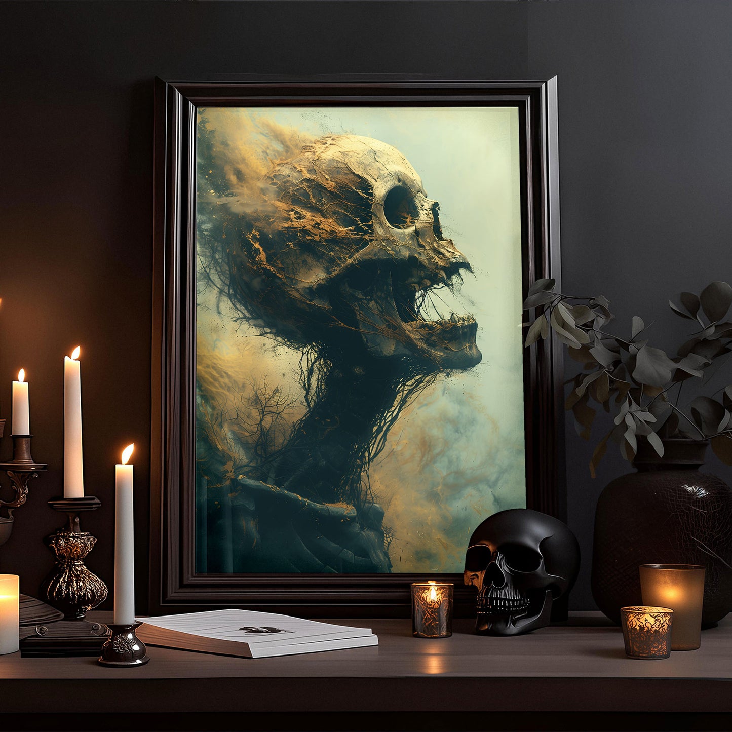 Gothic Horror Skull Painting - Creepy Smoking Wall Art